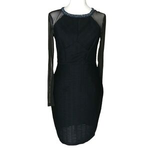 Donna Ricco Dress‎ Black Size 2 Formal Textured Beaded Knee Length Mesh Sleeves
